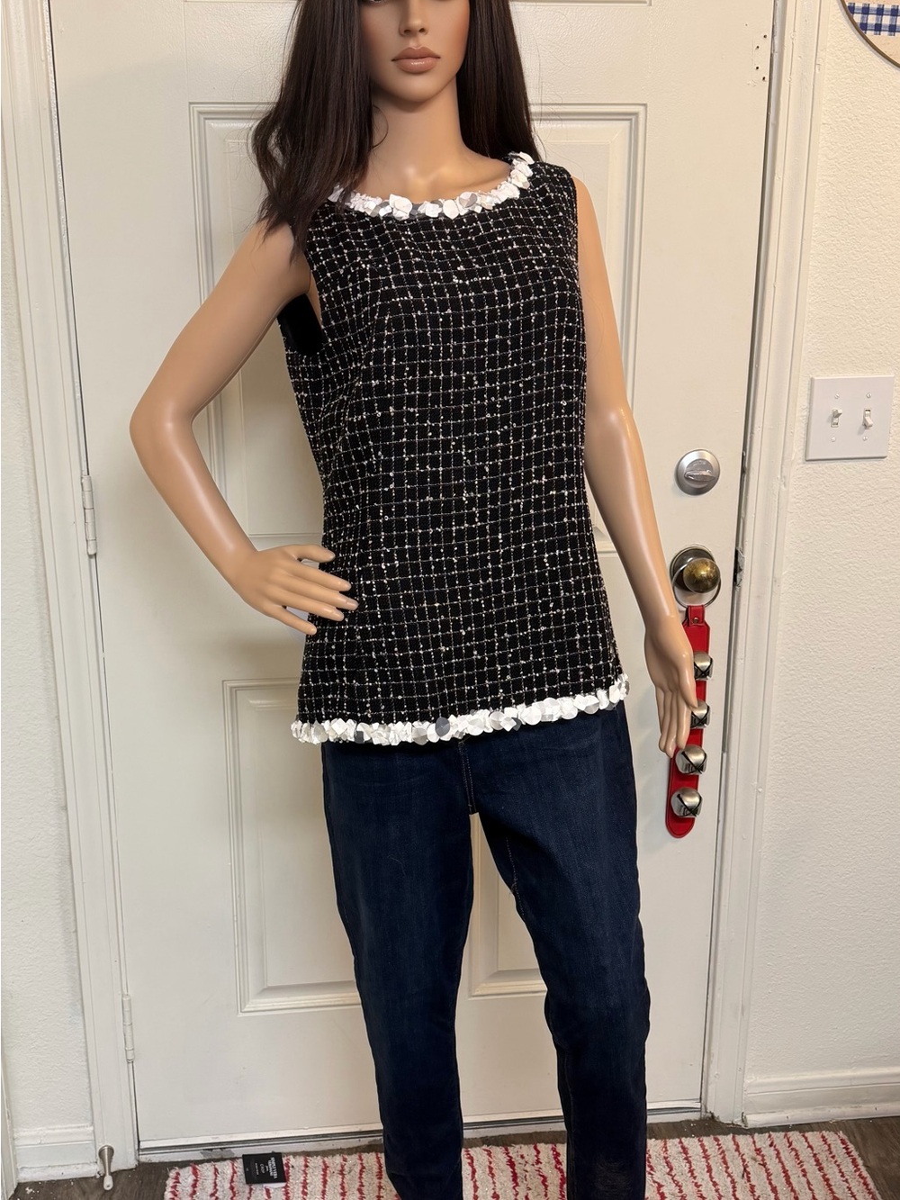 CHANEL Black Tweed Sleeveless Camisole with White Floral Trim